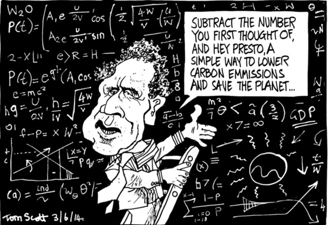 Scott, Thomas, 1947- :"Subtract the number you first thought of, and hey presto, a simple way to lower carbon emmissions and save the planet..". 3 June 2014