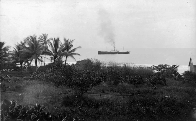 Banaba, Kiribati, with a steamship in the background