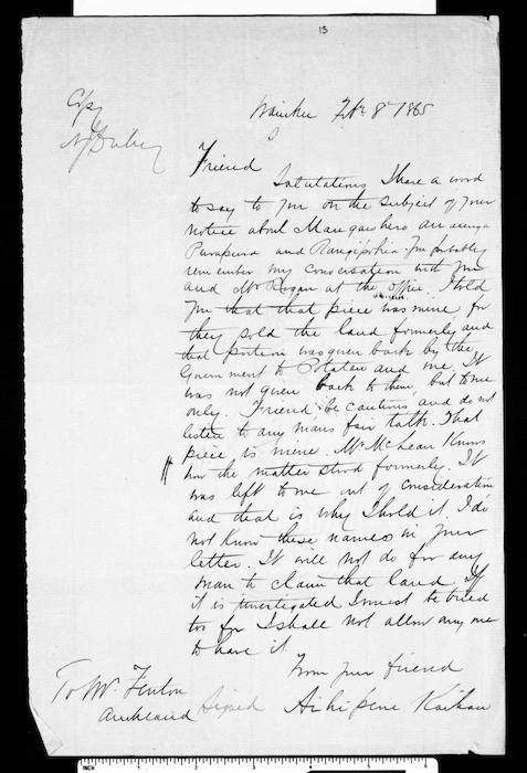 Letter from Ahipene Kaihau to Fenton (translation)
