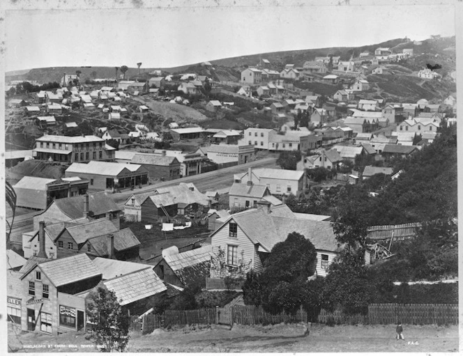 Looking over Maclaggan Street, Dunedin, with Rattray Street in the foreground