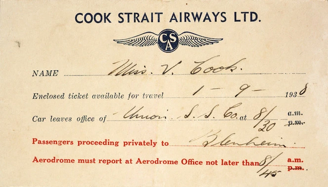 Cook Strait Airways Ltd. :[Envelope for ticket, name Miss V Cook]. 1938.