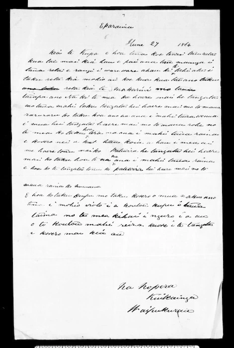Letter from Nopera Kuikainga to Te Kupa (Cooper?)