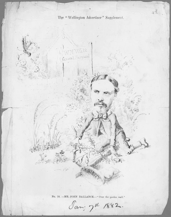 [Hutchison, William] 1820-1905 :Mr John Ballance. No. 18. Over the garden wall. The Wellington Advertiser supplement, 7 January 1882.