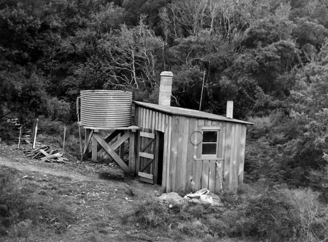 Wooden hut with chimney and water tank
