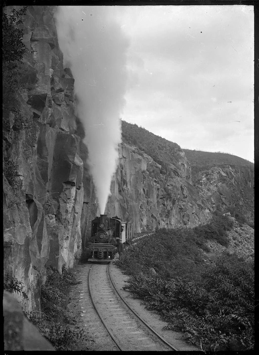 Climax steam locomotive, number 1650, hauling empty logging wagons near Ongarue