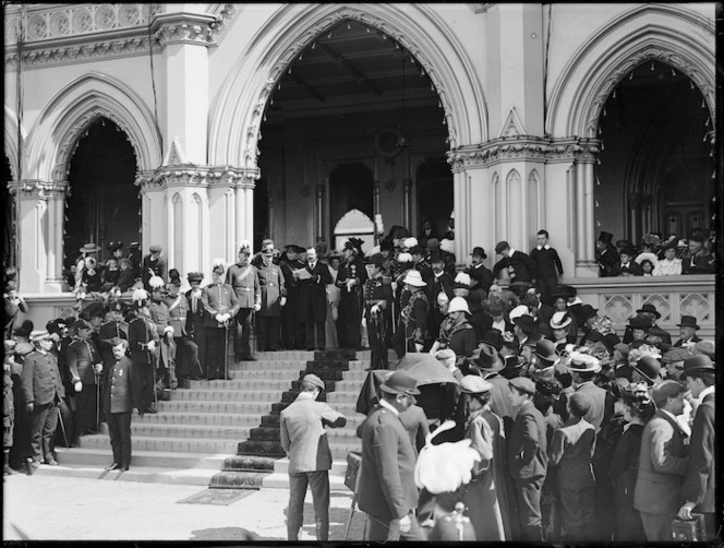 Prime Minister, Joseph Ward, on the steps of the General Assembly Library, Wellington, reading his message at an official ceremony during which New Zealand was proclaimed a dominion