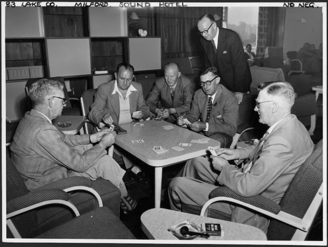 Australian Government Tourist Bureaux directors playing cribbage, Milford Sound Hotel