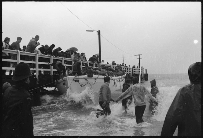 Wahine shipwreck survivors coming ashore at Seatoun, Wellington