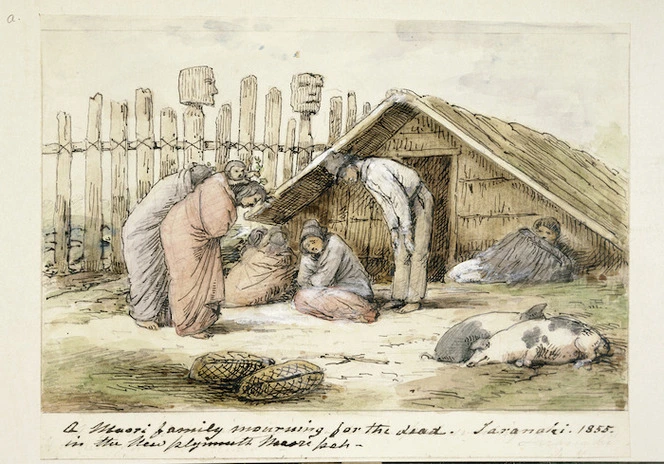 [Strutt, William] 1825-1915 :A Maori family mourning for the dead in the New Plymouth Maori pah. Taranaki. 1855
