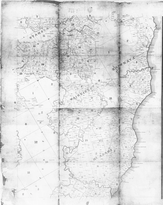 Creator unknown :[Survey of area incorporating Otahoua, Kaiwhata, Wainuioru, and Mt. Adams Blocks] [copy of ms map]. [18-?].