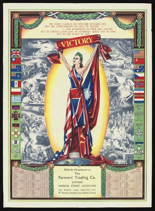 Rowland Brialey Studio :Victory. With the compliments of the Farmers' Trading Co. Limited, Hobson Street, Auckland, New Zealand's largest department store; 67 branches throughout the Auckland Province. 1946 calendar. Rowland Brialey Studio [1946]