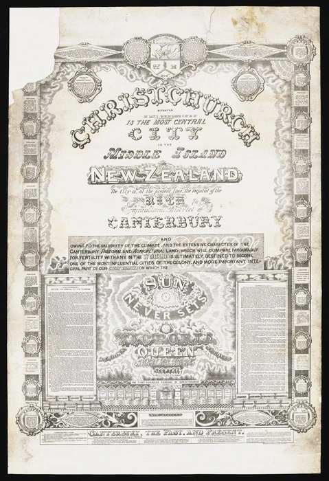 Meek, James McKain, 1815-1899 :Canterbury, the past and present, from the original pen and ink drawing. Lithographed by J. T. Smith & Co., Christchurch [1882 or 1886?]