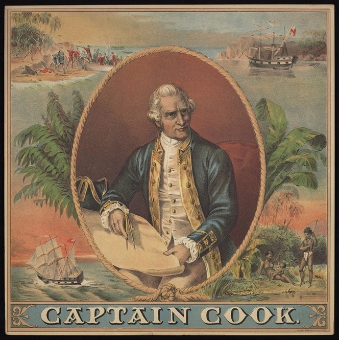 Sackett & Willhelms Litho Company :Captain Cook. Sackett & Willhelms Litho Co., N.Y. [Tobacco plug box label. 1890s?]
