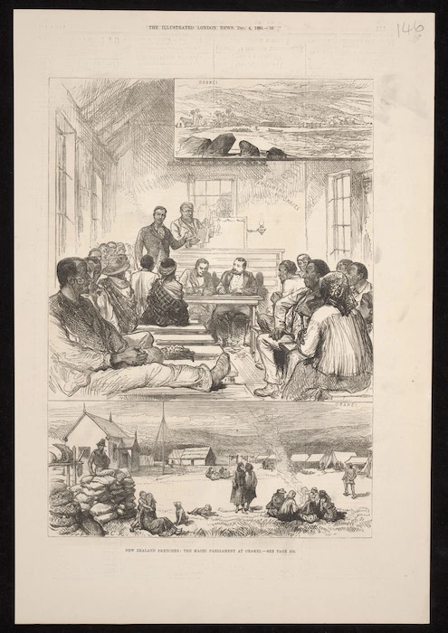 Artist unknown :New Zealand sketches; the Maori parliament at Orakei - see page 553. The Illustrated London news, Dec. 4, 1880 - [page] 55[7?]