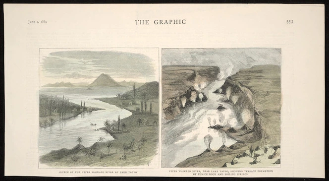 Artist unknown :Source of the upper Waikato River at Lake Taupo / TG [sc.]; Upper Waikato River, near Lake Taupo, showing terrace formation of pumice rock and boiling springs. The Graphic, June 7, 1884, [page] 553.