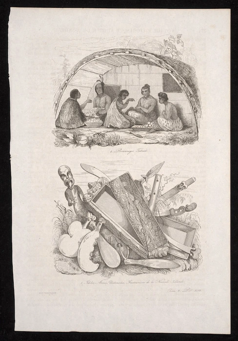 [Sainson, Louis Auguste de], b 1800 :4. Personnages taboues; 5. Idoles, armes, ustensiles, instrumens de la Nouvelle-Zelande. Tom. 2, pl. XLVII. [Voyage] pittoresque [autour du monde. Paris. 1836]