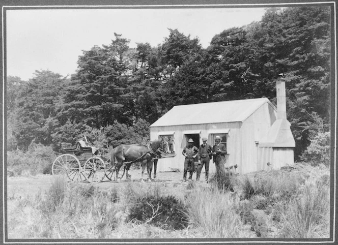 Carriage driver with Leonard and Ernest Lancaster, at Waihohonu Hut, Tongariro National Park