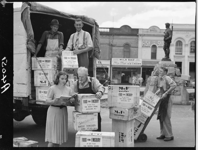 Gifted food for Finsbury, England, being loaded in Auckland - Photograph taken by Edward Percival Christensen