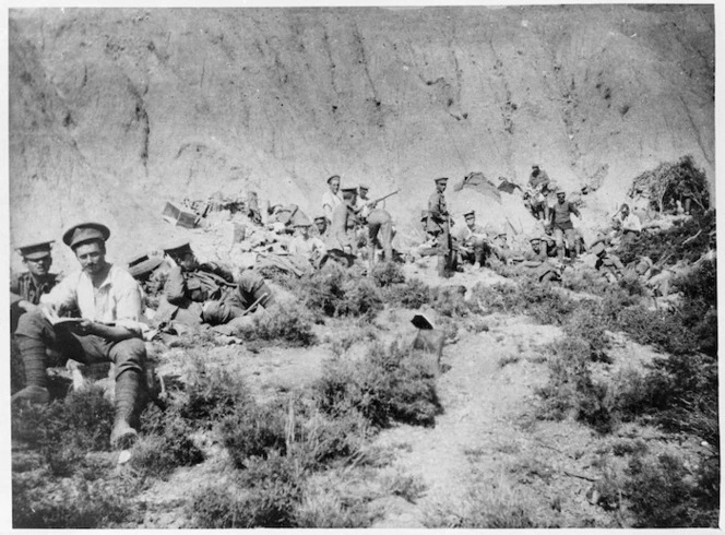 Soldiers of 3rd Auckland Regiment resting at Walker's Beach, Gallipoli, during World War 1