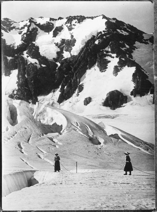Tasman Glacier, Southern Alps, with climbers Joanna Turnbull and Bessie Ross - Photograph taken by Malcolm Ross