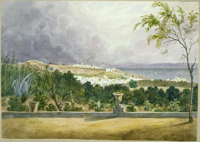 Smith, William Mein, 1799-1869 :[Seaside town, storm clouds gathering, Gibraltar, 1830s].