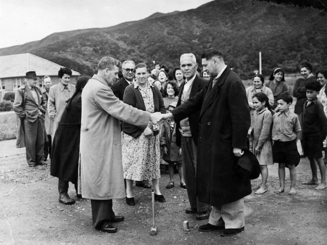 T W Parata, Percy Dowse, Ihaia Puketapu and Mrs Puketapu at Waiwhetu marae, Lower Hutt