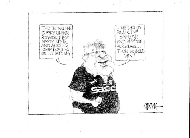 "The tri-nations is very unfair because those nasty Kiwis and Aussies keep beating us... That's why we should pull out of SANZAR and play with ourselves... Then we would win!" 17 August 2010