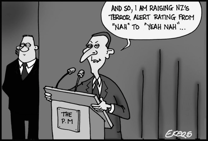 Ekers, Paul, 1961-:"And so, I am raising NZ's terror alert rating from "Nah" to "Yeah Nah"..." 14 October 2014