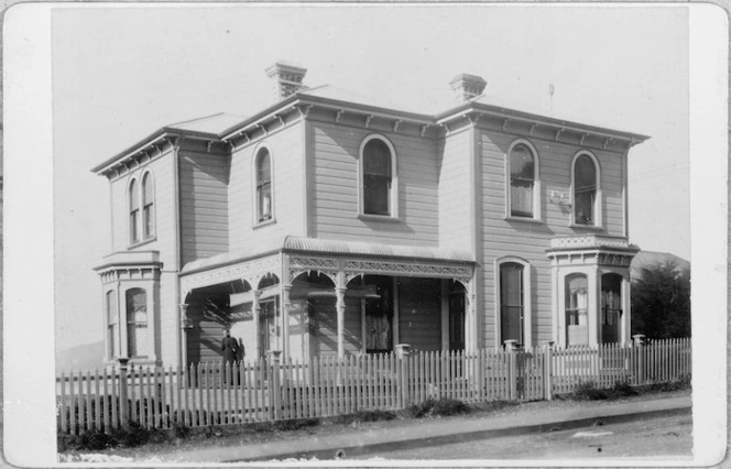 Creator unknown :Photograph of No 1 Tinakori Road with Mrs Innes on verandah to the left