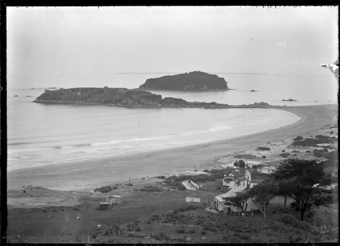 Part one of a two-part panorama of Mount Maunganui, showing Ocean Beach with Moturiki Island and Motuotau Island, 1924.