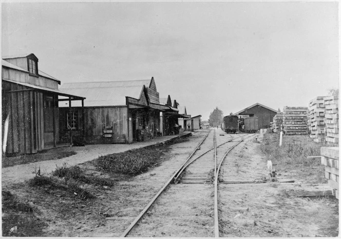 Main street and railway station at Kaihu, Northland region