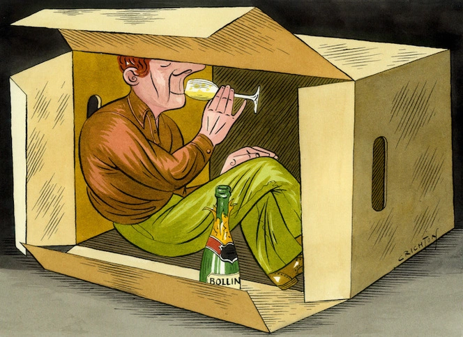 [Man in a cardboard box drinking champagne]. February 2010