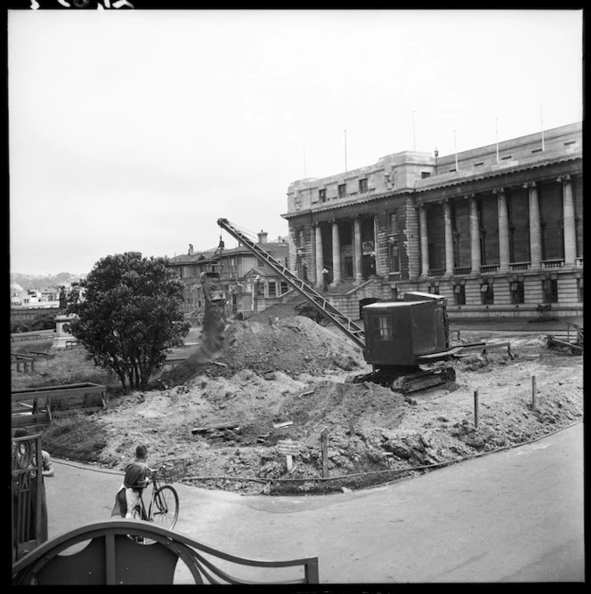 Re-making lawns outside Parliament House, Wellington, after the removal of bomb shelters