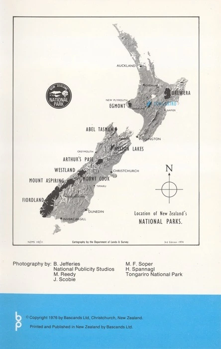 Location of New Zealand's National Parks. Tongariro / cartography by the Department of Lands & Survey.
