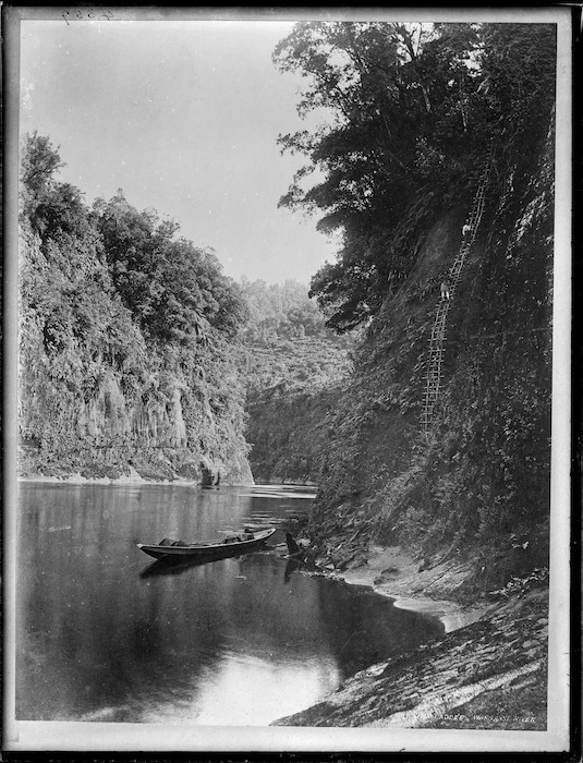 Men climbing a Whanganui River bank on a ladder