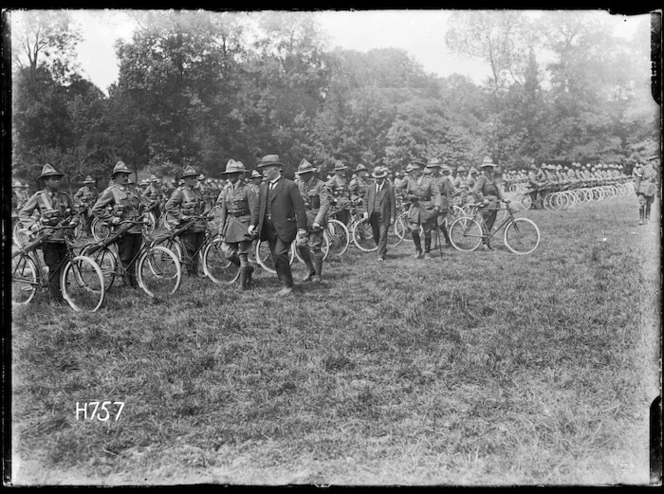 Inspection of the New Zealand Cyclist Battalion by William Massey and Joseph Ward, France