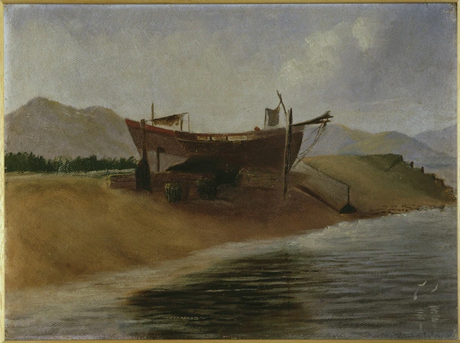 Artist unknown :[The "Maori" hauled up at Pipitea Point. 1890s or later?]