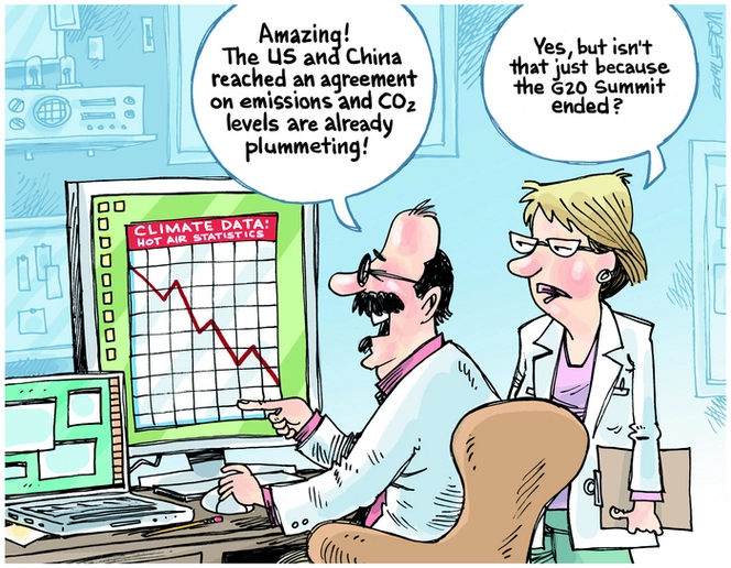 Moreu, Michael, 1969- :"Amazing! The US and China reached an agreement on emissions and CO2 levels are already plummeting!" 18 November 2014
