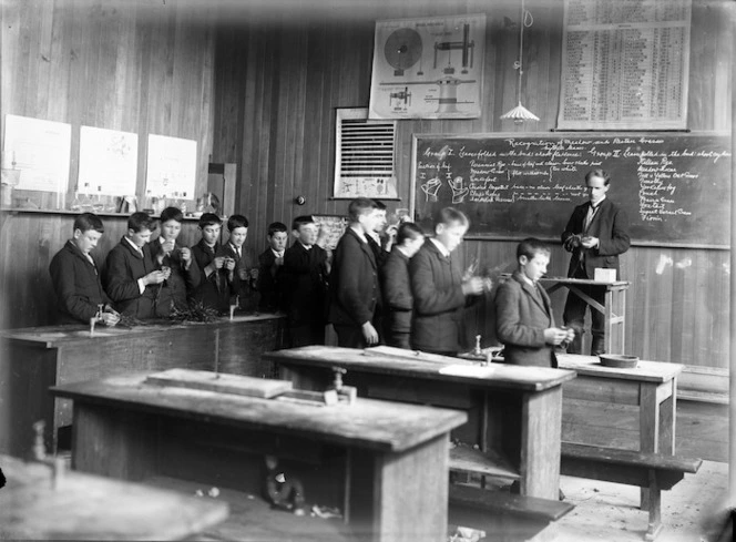 School boys and their teacher in a rural studies class at Stratford Technical School