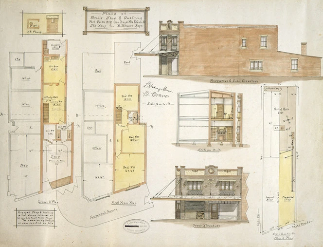 Strange-Mure, L. architect and builder :Plans of brick shop & dwelling Part Partn 818, Cor Anzac Pde and Gale Rd, Sth Kens. for B. Beaver Esqr. [ca 1920].