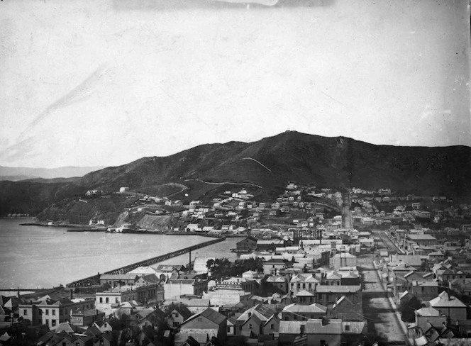 View of part of Wellington looking south east towards a trestle rail track, Courtenay Place, Majoribanks Street and Mt Victoria