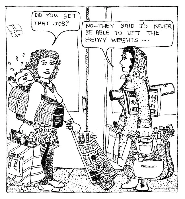 Hunter, Anthony J., fl 1970s :"Did you get that job?" "No- they said I'd never be able to lift the heavy weights..." Public Service Journal, page 7, October 1977.