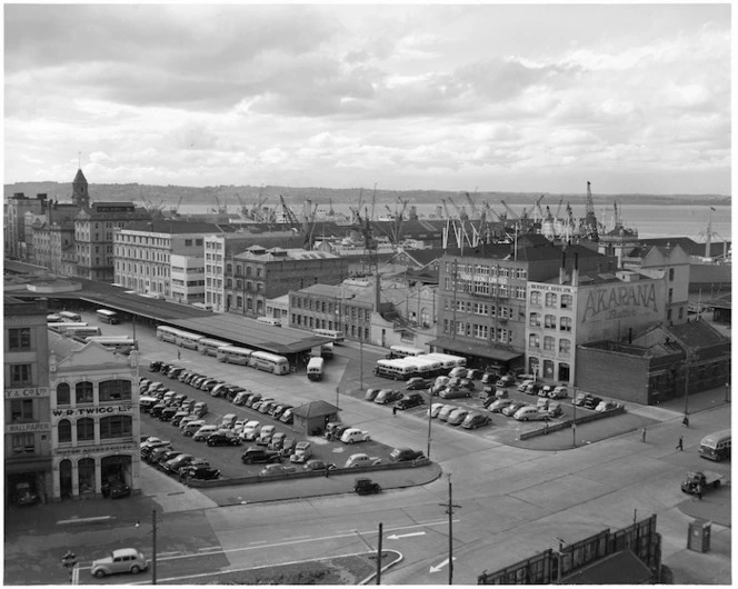 Elevated view of bus terminal, Auckland