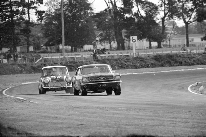 Ford Mustang and a Mini, racing in Levin