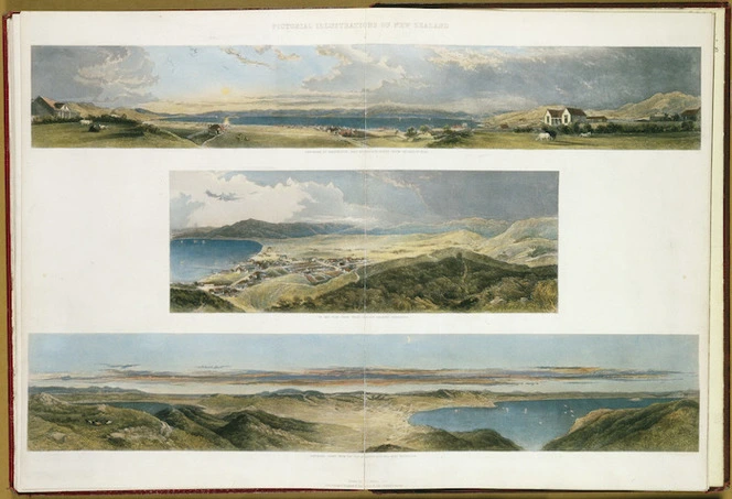 [Brees, Samuel Charles] 1810-1865 :Panorama of Wellington, Port Nicholson, taken upon Thorndon Flat. Te Aro Flat, Wellington, from near Captain Sharpe's residence; Panorama taken from the top of Mount Victoria, Port Nicholson. Pictorial illustrations of New Zealand. [1847]. Drawn by S. C. Brees ... engraved by Henry Melville. Plate 22.