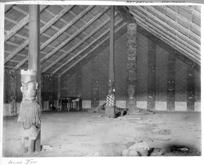 Interior of Te Whai-a-te-Motu meeting house, Mataatua