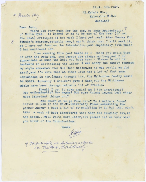 Letter from Gloria Rawlinson to John Schroder