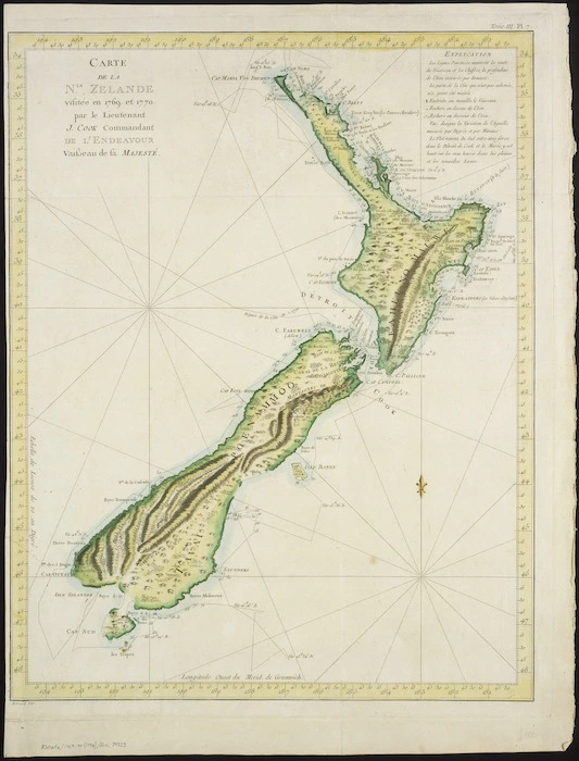 Carte de la Nle Zélande visitée en 1769 et 1770 par le Lieutenant J. Cook Commandant de l'Endeavour vaisseau de sa Majesté / Benard dir.