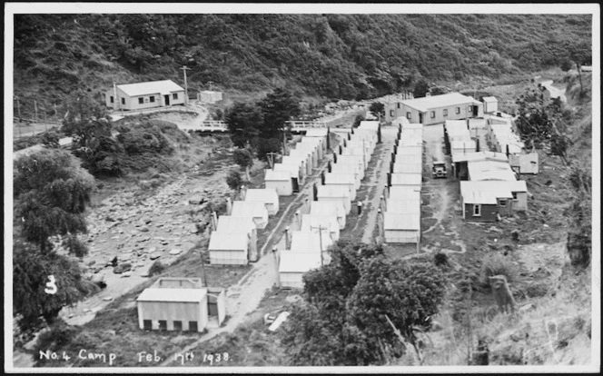 Kopuawhara No. 4 public works camp before the flood, Mahia Peninsula