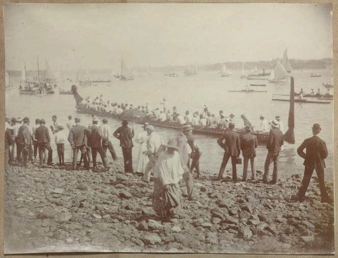 Photographer unknown :[Canoe of Paora Tuhaere at Orakei, Bastion Point, Auckland, ca 1890]